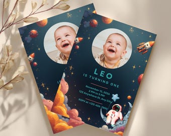 Space First Birthday Invitation, Astronaut Theme (Canva Template)