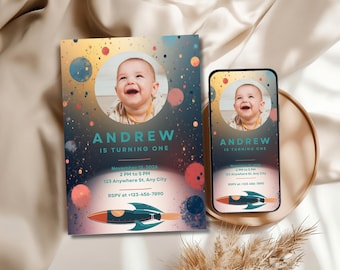 Space First Birthday Invitation, Galaxy Rocket Theme (Canva Template)