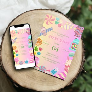 Invitación de cumpleaños para niña Candyland / Invitación para fiesta de cumpleaños / Plantilla editable de Canva / Imprimible y móvil