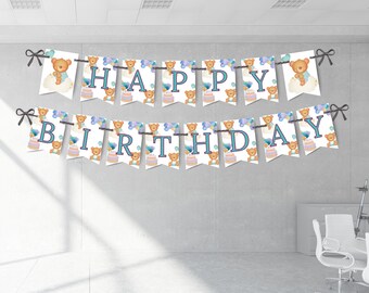 Teddy Bear Happy Birthday Banner, Printable Party Decor (Digital Download)