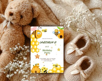 Bee 1st Birthday Invitation Template, Editable Invite (Digital Download)