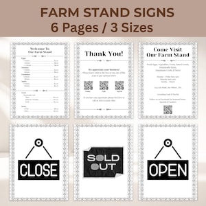 May include: A set of six printable farm stand signs featuring black text on white backgrounds with decorative borders. The signs include a price list, a thank you note with QR codes, operating hours, and signs labeled Close, Sold Out, and Open.