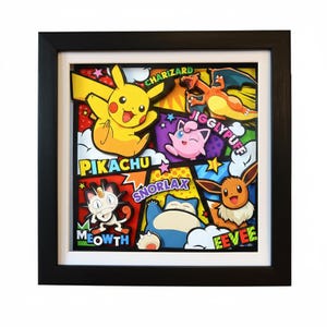 May include: A framed artwork featuring colorful cartoon characters, including Pikachu, Charizard, and Eevee. The artwork has a black frame and a white mat, with the characters and their names in a comic book style.