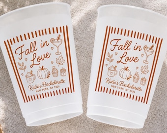 Fall Bachelorette Party Cups, Personalized Frosted Plastic Cups, Autumn Bridal Shower Cups, Custom Wedding Party Cups, Fall in Love Cups