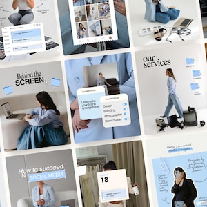 Peut inclure: Une collection de graphiques de marketing numérique et de médias sociaux. Les images présentent du texte tel que « Content that generates movement », « Behind the Screen » et « How to succeed in Social Media ». La palette de couleurs comprend le bleu clair, le blanc et le beige.