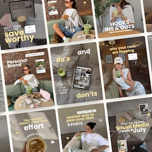 May include: A collage of social media content featuring various lifestyle scenes, including individuals with laptops, tablets, and iced beverages. The images contain overlaid text such as 'Hooks Ins & Outs', '5 Post Ideas', 'Do's and Don'ts', and 'Social Media Trends'.