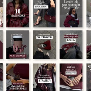 Op de afbeelding: Een reeks afbeeldingen in bordeaux tinten met tips en ideeën voor social media marketing. De afbeeldingen bevatten tekstoverlays met zinnen als "Viral Hooks", "Content Hacks" en "Instagram Story Ideas".