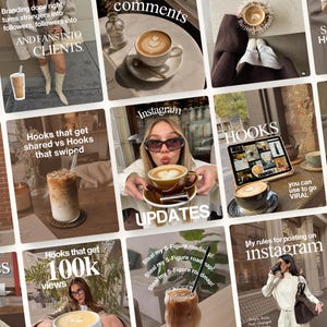 Op de afbeelding: Een raster van twaalf social media-afbeeldingen met lifestyle-inhoud, koffiedranken, tablets met digitale inhoud en personen in neutrale kleding met witte tekst zoals Growth, Hooks en Instagram Updates over de afbeeldingen heen geplaatst.
