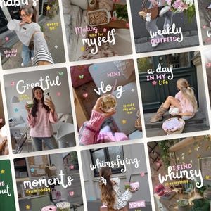 May include: A collage of fifteen lifestyle photographs featuring various scenes including a person in a pink jumper, a person in a grey sweatshirt, a tray of cinnamon rolls, a bouquet of flowers, a person holding an iced coffee, and interior decor.