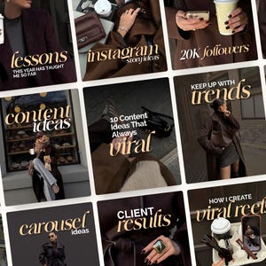 Könnte beinhalten: Eine Sammlung von Instagram-Post-Grafiken mit Textüberlagerungen in einer warmen, neutralen Farbpalette. Die Grafiken zeigen Sätze wie "lessons", "content ideas" und "viral reels", was auf Themen wie Content-Erstellung und Social-Media-Marketing hindeutet.