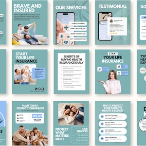 Puede incluir: Una colección de gráficos informativos de color verde azulado sobre seguros. Los gráficos incluyen texto e imágenes relacionadas con la salud financiera, el seguro de vida y los planes de salud. Algunos gráficos presentan familias y texto como "Protege lo que más importa."