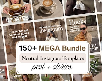 Puede incluir: Una colección digital de más de 150 plantillas neutras de Instagram para publicaciones e historias, con una cuadrícula de imágenes de estilo de vida que incluyen café, moda e interiores con texto blanco superpuesto como Hooks, Updates y Strategies.