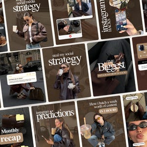 Könnte beinhalten: Eine Collage von Instagram-Grafiken mit Text wie "Social Media Strategie" und "Instagram Hacks". Die Bilder zeigen Personen, Kaffeetassen und Textüberlagerungen. Das Gesamtthema ist Social Media Marketing und Content-Erstellung.