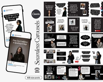 May include: A digital marketing Canva template set with 10 seamless carousel posts in a 4:5 size. The design is black and white with text and images, including the text "From Zero Confidence to Speaking on Stage."