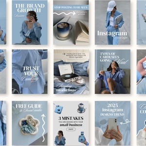 May include: A collection of Instagram-themed graphics in shades of blue. The images feature text like "The Brand Growth", "Instagram", and "2025 Instagram Designs Trend". Other images show a camera, coffee cup, and a record player.