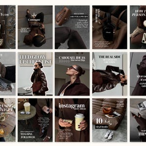 Puede incluir: Una serie de maquetas de publicaciones de Instagram en tonos marrones y beige. Las publicaciones muestran texto como "CONTENT GAME", "10K FOLLOWERS" y "HOW I MAKE A PERSONAL BRAND". Las im&aacute;genes incorporan accesorios y elementos de estilo de vida.