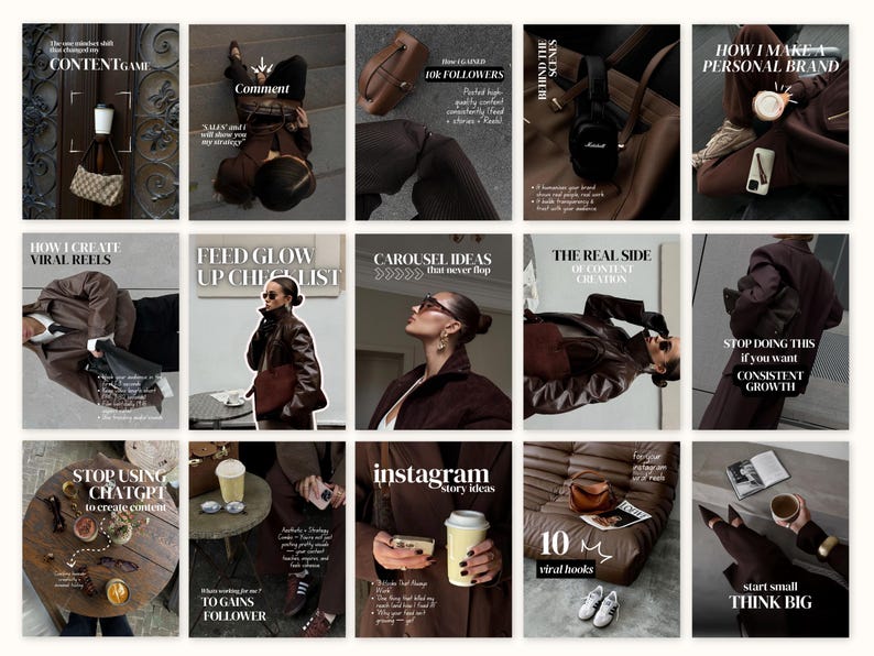 Puede incluir: Una serie de maquetas de publicaciones de Instagram en tonos marrones y beige. Las publicaciones muestran texto como "CONTENT GAME", "10K FOLLOWERS" y "HOW I MAKE A PERSONAL BRAND". Las im&aacute;genes incorporan accesorios y elementos de estilo de vida.