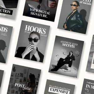 May include: A collection of magazine-style graphics in grayscale, featuring text like "The Evolution of Brand," "Trends," and "Hooks." The images showcase fashion and social media themes, with models wearing sunglasses and stylish outfits. The overall aesthetic is modern and sleek.