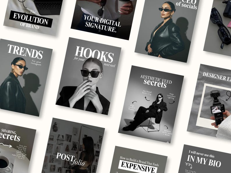 May include: A collection of magazine-style graphics in grayscale, featuring text like "The Evolution of Brand," "Trends," and "Hooks." The images showcase fashion and social media themes, with models wearing sunglasses and stylish outfits. The overall aesthetic is modern and sleek.