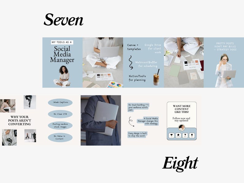 May include: A digital marketing graphic with the text "Seven" and "Eight". The image includes text and graphics related to social media management, including tools, strategies, and content creation.