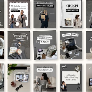 Puede incluir: Una colección de gráficos con temática de Instagram con superposiciones de texto. Las imágenes presentan temas como "fórmula de crecimiento" e "ideas para historias de Instagram". La paleta de colores es principalmente en escala de grises.