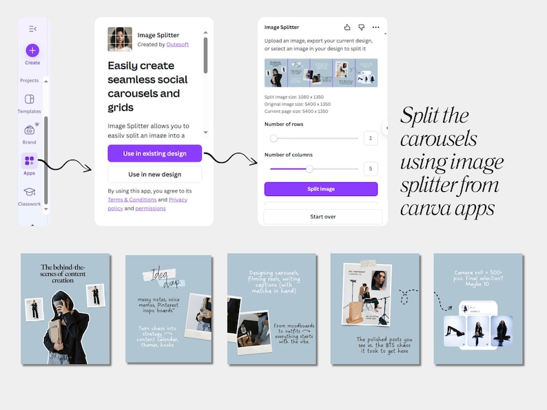 May include: A digital interface for the Canva app, Image Splitter, is shown. The app splits images into social media carousels. The interface includes options to split images into rows and columns, with examples of the final product.