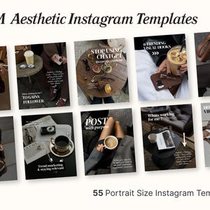 Puede incluir: Un conjunto de 55 plantillas est&eacute;ticas de Instagram en formato vertical. Las plantillas presentan im&aacute;genes con tazas de caf&eacute;, accesorios y superposiciones de texto. El texto del t&iacute;tulo dice "SMM Aesthetic Instagram Templates".