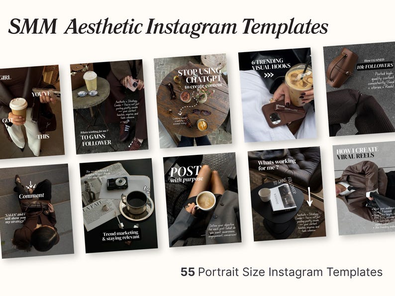 Puede incluir: Un conjunto de 55 plantillas est&eacute;ticas de Instagram en formato vertical. Las plantillas presentan im&aacute;genes con tazas de caf&eacute;, accesorios y superposiciones de texto. El texto del t&iacute;tulo dice "SMM Aesthetic Instagram Templates".