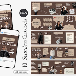 Può includere: Un set di 10 post carosello senza soluzione di continuità per il marketing digitale, in formato 4:5. Il design utilizza toni marroni e beige, con testo e immagini su affari e creazione di contenuti. Il logo Canva è visibile.