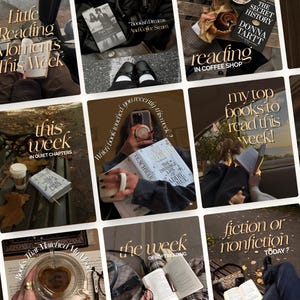 Può includere: Un collage di immagini con libri, caffè e temi legati alla lettura. Le sovrapposizioni di testo includono frasi come "Little Reading Moments This Week", "This Week in Quiet Chapters" e "My Top Books to Read This Week!" L'estetica generale è calda e invitante.