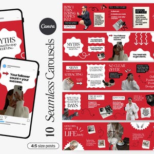 Könnte beinhalten: Eine digitale Marketing-Produktanzeige mit 10 nahtlosen Karussellvorlagen für Social-Media-Posts. Das Design ist rot und weiß, mit Text und Bildern. Die Vorlagen sind für Canva konzipiert, mit einem Seitenverhältnis von 4:5.