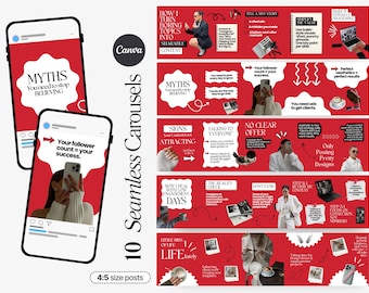 Red Seamless Carousel Templates, Social Media Coach Agency Kit, UGC, Collage, Scrapbook Carousel Posts for Instagram, SMM Instagram Viral