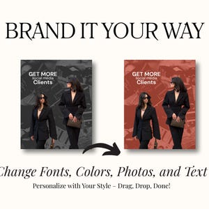 Może przedstawiać: Obraz promocyjny z tekstem &bdquo;BRAND IT YOUR WAY&rdquo;. Zawiera dwa obrazy kobiet w czarnych garniturach z tekstem &bdquo;GET MORE social media Clients&rdquo;. Poniżej napis &bdquo;Change Fonts, Colors, Photos, and Text&rdquo;.