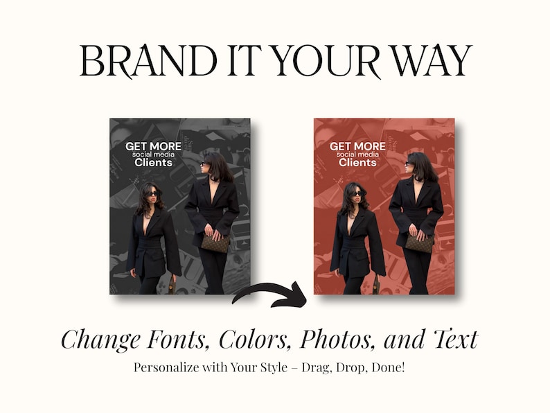 Może przedstawiać: Obraz promocyjny z tekstem &bdquo;BRAND IT YOUR WAY&rdquo;. Zawiera dwa obrazy kobiet w czarnych garniturach z tekstem &bdquo;GET MORE social media Clients&rdquo;. Poniżej napis &bdquo;Change Fonts, Colors, Photos, and Text&rdquo;.