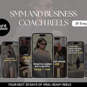 Pode incluir: Imagem promocional para reels de coach de SMM e negócios, apresentando mockups de smartphones com fotos de estilo de vida e sobreposições de texto. O texto inclui "Viral & Aesthetic", "30 Templates" e "Your Next 30 Days of Viral-Ready Reels."