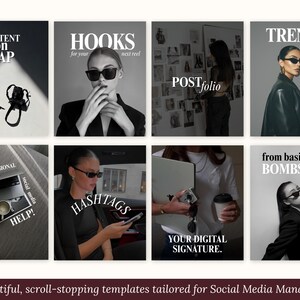 May include: A collection of eight social media templates with text overlays. The templates feature images of a woman wearing sunglasses, a laptop, and a coffee cup. Text includes "CONTENT ON TAP", "HOOKS", "TRENDS", "POSTfolio", "HASHTAGS", and "YOUR DIGITAL SIGNATURE."