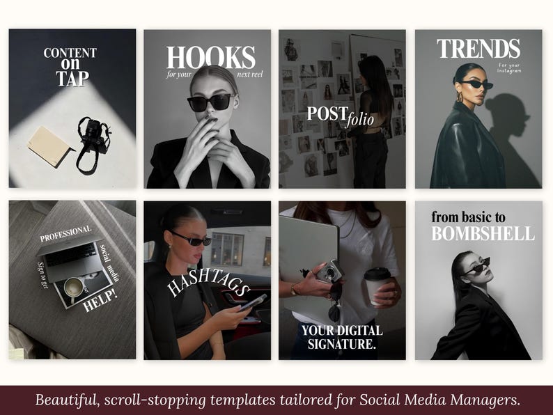 May include: A collection of eight social media templates with text overlays. The templates feature images of a woman wearing sunglasses, a laptop, and a coffee cup. Text includes "CONTENT ON TAP", "HOOKS", "TRENDS", "POSTfolio", "HASHTAGS", and "YOUR DIGITAL SIGNATURE."
