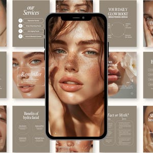 May include: A smartphone displaying a close-up of a woman's face with freckles, surrounded by beauty and skincare promotional graphics. The graphics include text like "Hydra Facial!" and "Beauty Benefits."