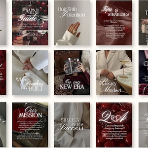 Könnte beinhalten: Eine Sammlung von Werbebildern mit Textüberlagerungen im minimalistischen Stil. Die Bilder zeigen Sätze wie „A New Chapter Begins“, „Mini Guide“ und „Luxury Mindset“. Die Farbpalette umfasst Burgunder, Creme und Weiß.
