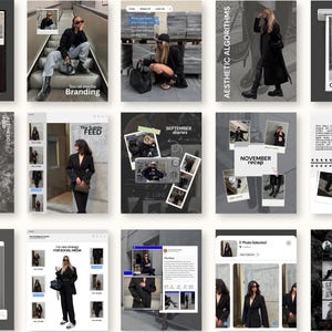 May include: A series of digital collages in a monochrome style. The images showcase stylish individuals in different poses, with text overlays such as "Branding," "September diaries," and "Aesthetic Algorithms." The theme is social media and content creation.