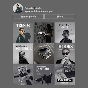May include: Instagram profile grid featuring a social media manager's content. The grid showcases posts with text overlays like "TRENDS," "CONTENT GUIDE," and "HOOKS." The profile picture is a woman wearing sunglasses. The overall aesthetic is black and white.