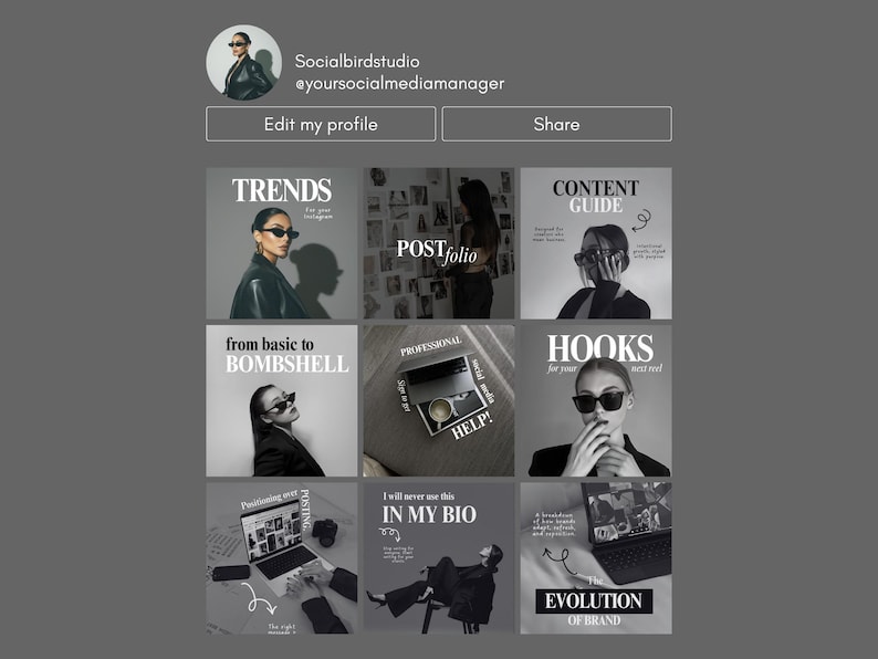 May include: Instagram profile grid featuring a social media manager's content. The grid showcases posts with text overlays like "TRENDS," "CONTENT GUIDE," and "HOOKS." The profile picture is a woman wearing sunglasses. The overall aesthetic is black and white.