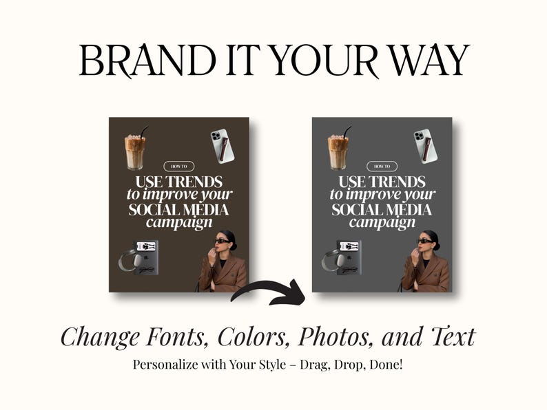 Puede incluir: Imagen que promociona estrategias de campa&ntilde;as en redes sociales. El texto dice "BRAND IT YOUR WAY" y "USE TRENDS to improve your SOCIAL MEDIA campaign". La imagen incluye una bebida de caf&eacute;, un tel&eacute;fono y una mujer con gafas de sol.