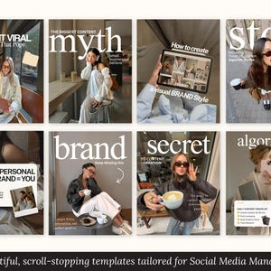 Puede incluir: Una colecci&oacute;n de ocho plantillas estilo revista con texto blanco sobre un fondo neutro. Cada plantilla presenta un tema diferente, incluyendo "Make it Viral", "Myth" y "Brand". Las plantillas est&aacute;n dise&ntilde;adas para gestores de redes sociales.