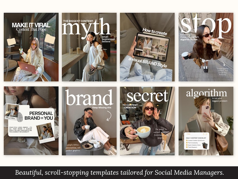 Puede incluir: Una colecci&oacute;n de ocho plantillas estilo revista con texto blanco sobre un fondo neutro. Cada plantilla presenta un tema diferente, incluyendo "Make it Viral", "Myth" y "Brand". Las plantillas est&aacute;n dise&ntilde;adas para gestores de redes sociales.