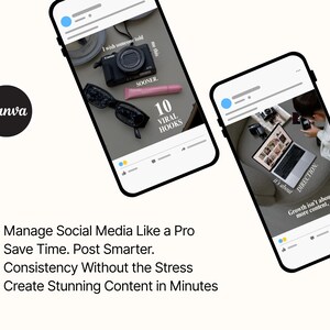 May include: Two smartphones displaying social media content, with a Canva logo. One phone shows a camera, sunglasses, and text "10 Viral Hooks." The other shows a laptop and text "Growth isn't about more content."