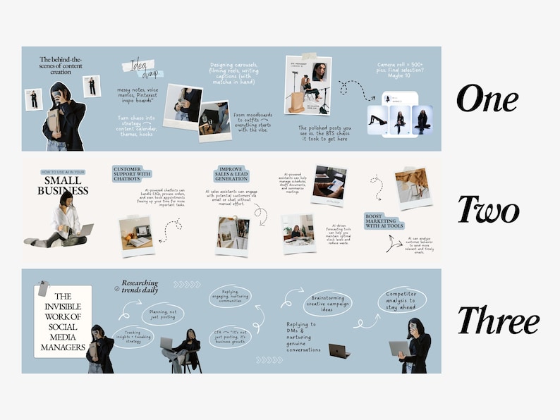 May include: Infographic with three sections on a light blue background. Section one discusses content creation, idea generation, and social media posts. Section two covers small business, chatbots, and sales. Section three focuses on social media managers and marketing.