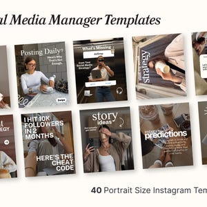 Puede incluir: Un conjunto de 40 plantillas de Instagram en formato vertical para gestores de redes sociales. Las plantillas presentan varios dise&ntilde;os con superposiciones de texto, incluyendo frases como "Posting Daily?" y "Story Ideas". La est&eacute;tica general es moderna y elegante.