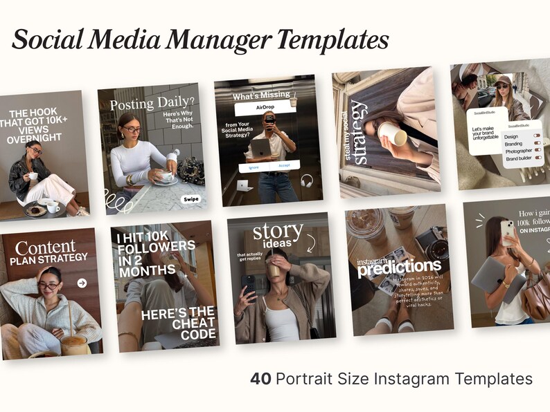 Puede incluir: Un conjunto de 40 plantillas de Instagram en formato vertical para gestores de redes sociales. Las plantillas presentan varios dise&ntilde;os con superposiciones de texto, incluyendo frases como "Posting Daily?" y "Story Ideas". La est&eacute;tica general es moderna y elegante.