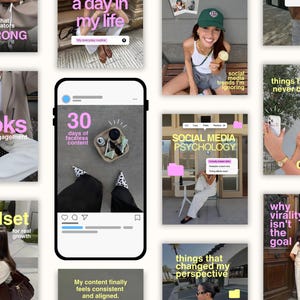 May include: A digital collage of social media content templates featuring various lifestyle images, text overlays, and a central smartphone graphic displaying a post with the text 30 days of faceless content and a top-down view of a small tray.